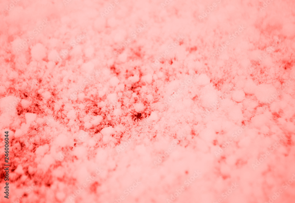 Beautiful coralcolor snow background with detailed snowflakes.
