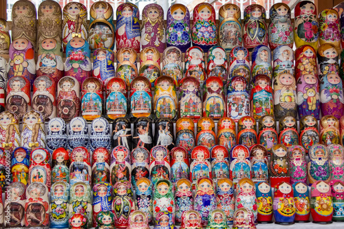 Moscow  June 08  2018. Central market.Background of colorful Russian dolls on the market.Russian traditional Matryoshka souvenirs at the fair