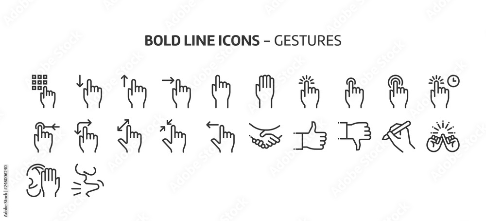 Gestures, bold line icons. The illustrations are a vector, editable stroke, 48x48 pixel perfect files. Crafted with precision and eye for quality.
