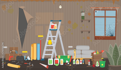  Trash living room before repair. Flat dirty interior in cartoon style.