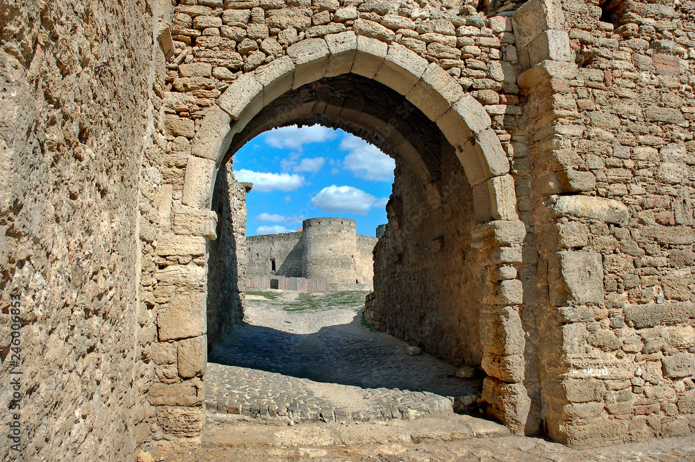 Entrance through the gate to bastion in old turkish stronghold Akkerman, on the Dniester estuary leading to the Black Sea, Belgorod-Dnestrovsky, Ukraine. Unesco heritage site.