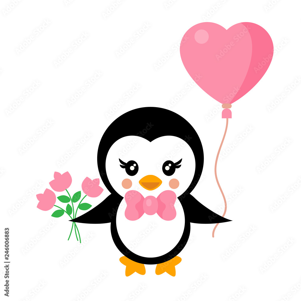 cartoon cute penguin with tie and lovely balloon and flowers cartoon cute penguin with tie and lovely balloon and flowers