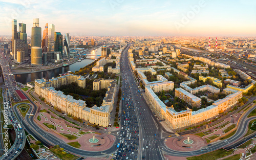 Aerial top view of road junction in Moscow from above, automobile traffic and jam of many cars, transportation concept. Kutuzov Avenue and the Third Ring Road photo