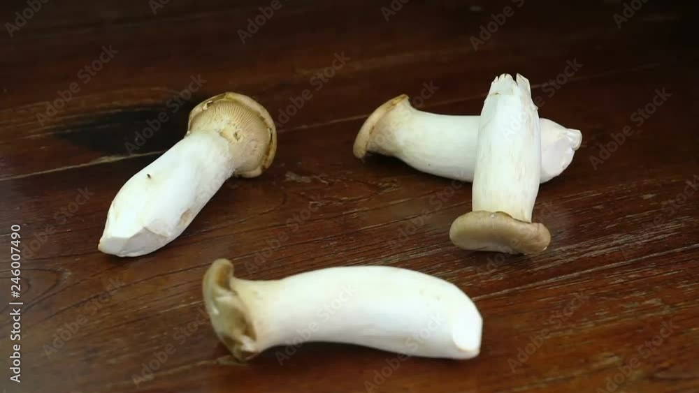Fresh mushroom Falling Down on the wooden table Fresh mushroom Falling Down on the wooden table