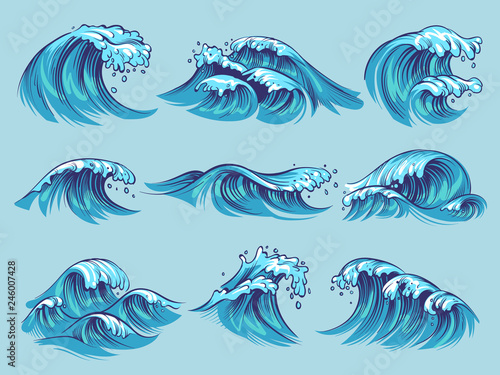 Hand drawn ocean waves. Sketch sea tidal blue waves tide splash hand drawn surfing storm wavy water doodle vintage set photo