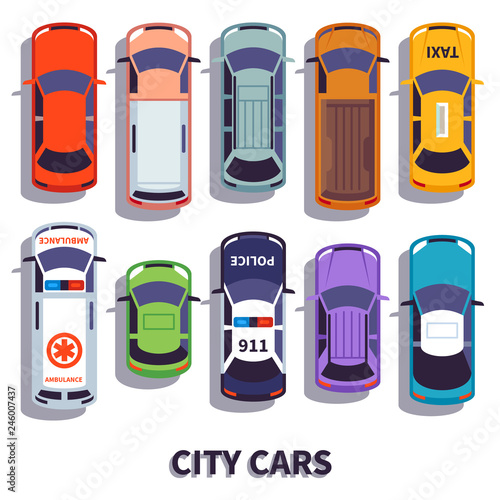 Car top view. City vehicle transport. Automobile cars for transportation, from above auto car vector isolated icons