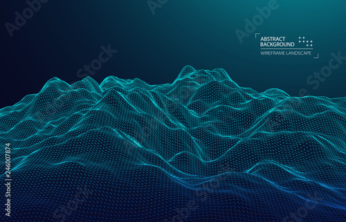 Wireframe landscape background. Futuristic vector illustration.