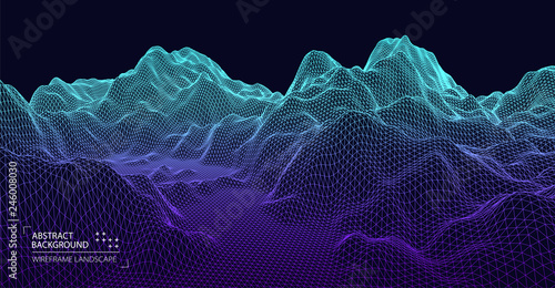 Wireframe landscape background. Futuristic vector illustration.