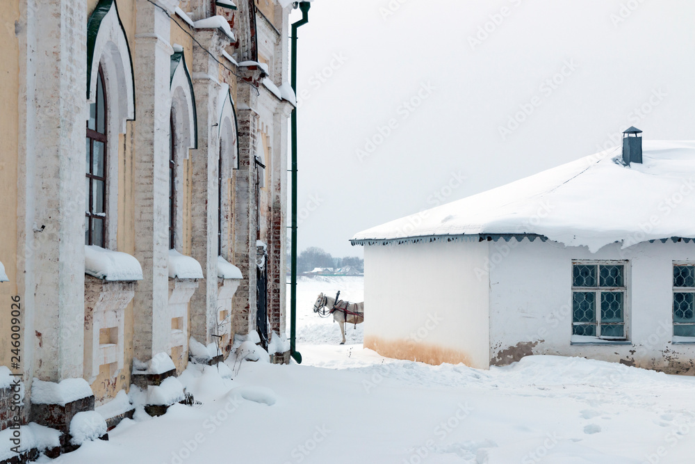 A drawn horse stands between buildings in the winter on a snowy town street. Veliky Ustyug, Russia. A drawn horse stands between buildings in the winter on a snowy town street. Veliky Ustyug, Russia.