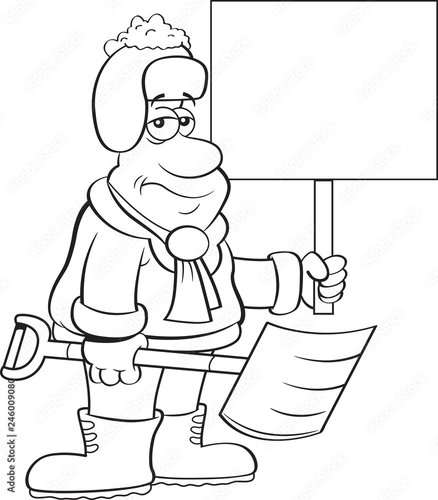 Black and white illustration of a weary man holding a snow shovel and a sign. Black and white illustration of a weary man holding a snow shovel and a sign.