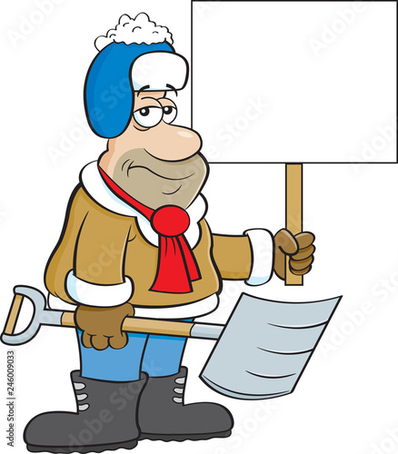 Cartoon illustration of a weary man holding a snow shovel and a sign.