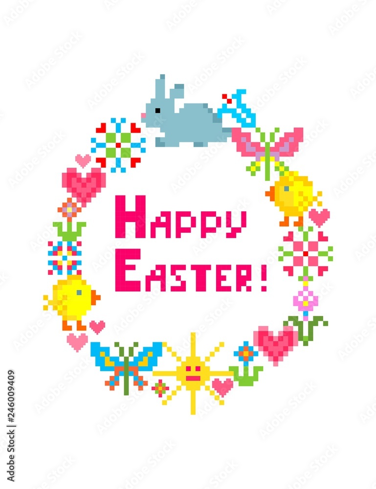 Happy Easter funny colorful embroidery greeting card with bunny, chicken, egg, butterfly, sun, hearts and flowers