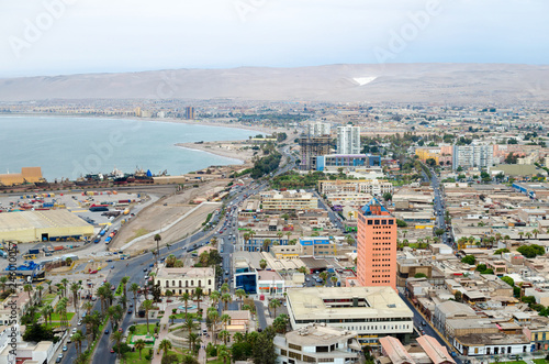 Aerial view to Arica town in Chilean desert