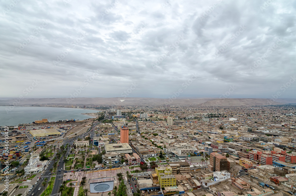Aerial view to Arica town in Chilean desert