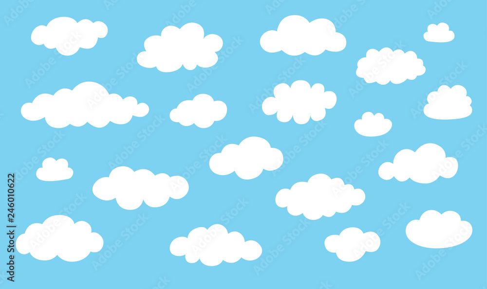 Collection cloud icons. White clouds isolated on blue color background.