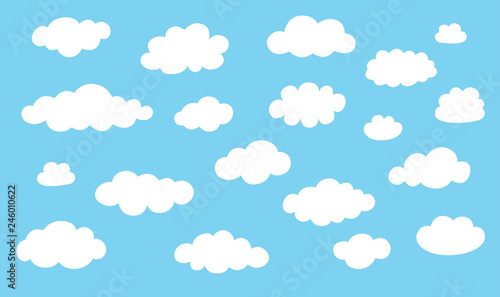 Collection cloud icons. White clouds isolated on blue color background.