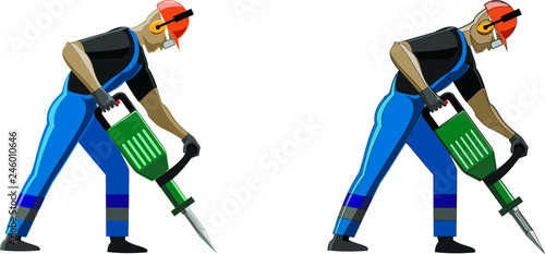 Vector picture of a man working with jackhammer in 2 options- with outlines and without outline