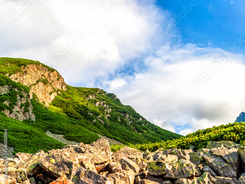 Polish Tatra mountains summer landscape with blue sky and white clouds.