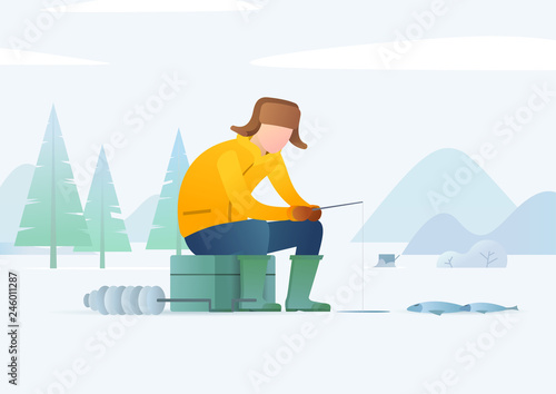 Ice fishing. Man fishing on a frozen river or lake in winter clothing. Winter landscape. Modern style vector illustration for landing page, website, banners and presentation.