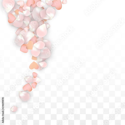 Vector Realistic Petals and Hearts Confetti. Flying Sakura and Hearts on Transparent Background. Wedding Invitation Background. Spring Romance Poster. Vector Illustration for Anniversary Design.