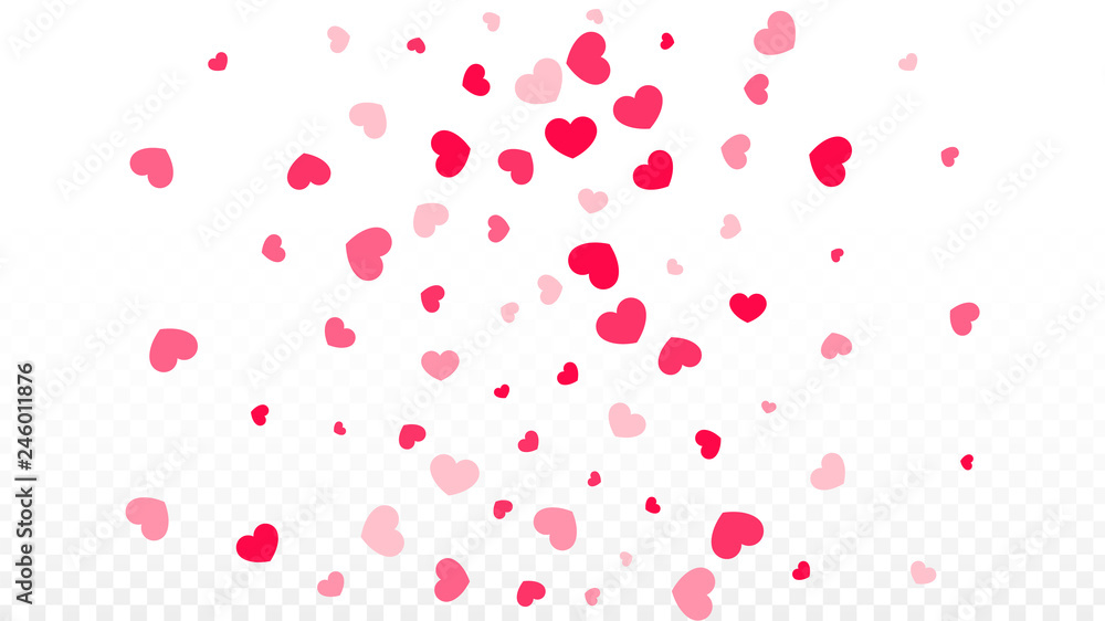 Hearts Confetti Falling Background. St. Valentine's Day pattern. Romantic Scattered Hearts Design Element. Love. Sweet Moment. Gift. Cute Element of Design for Sales or Celebration.