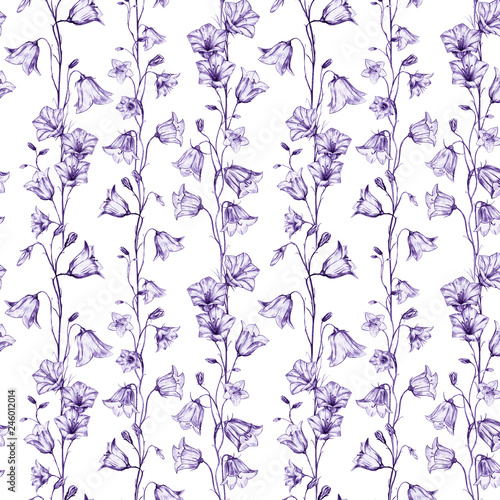 Hand drawn floral seamless pattern background with graphic lilac bluebell flowers on white background
