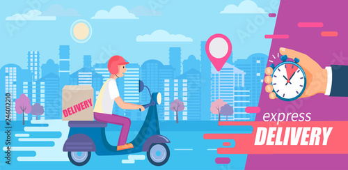 Fast and free delivery in short time on scooters.Food and other shipping service for apps, websites.Quick and express bike deliver. Advertise for restaurants, caffees, shops, pizzerias.Vector