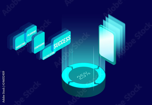 Online shop, money or data transfer isometric design. Cryptocurrency, bitcoin, internet banking neon financial vector illustration