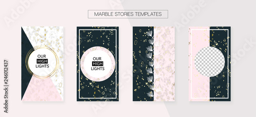 Stories Template Cool SMM Vector Layout. Social Media Blogger Cards Set. Textured Apps Design Pack. Minimal App Kit, Pink White Gold Rich VIP Geometric Marble Patterns. Stories Template VIP Layout.