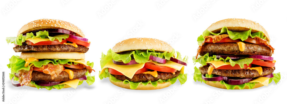 Meat Burger with salad, cheese, tomato and cheese sauce isolated Meat Burger with salad, cheese, tomato and cheese sauce isolated