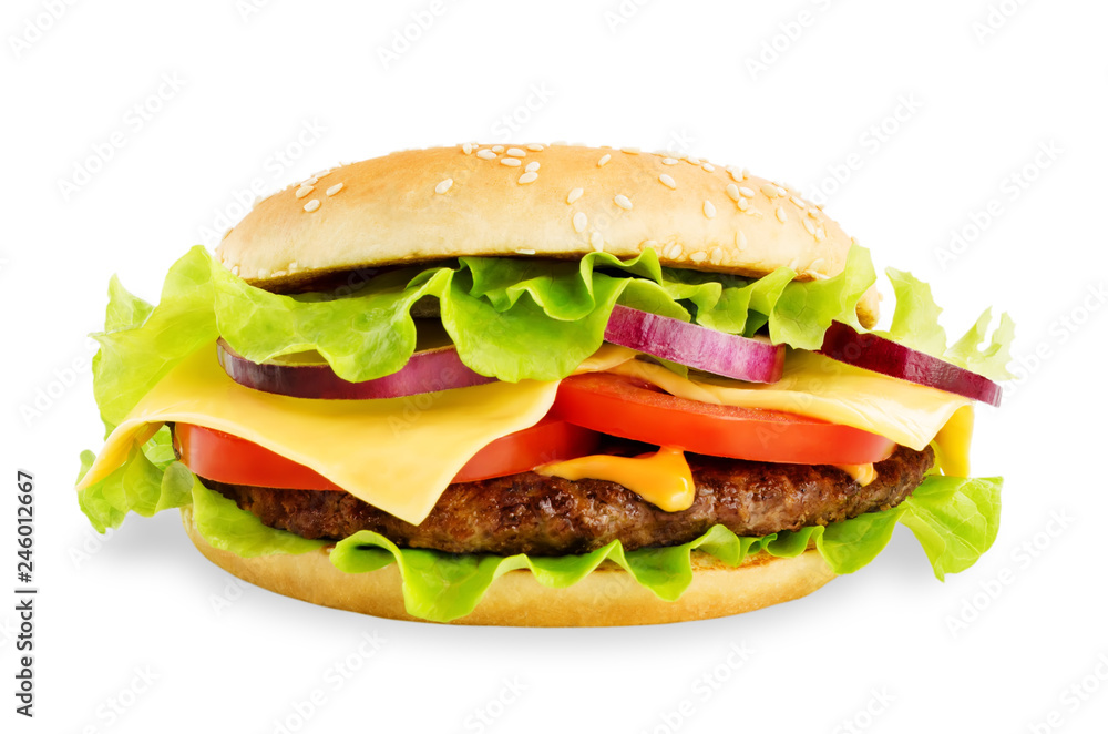 Meat Burger with salad, cheese, tomato and cheese sauce isolated Meat Burger with salad, cheese, tomato and cheese sauce isolated