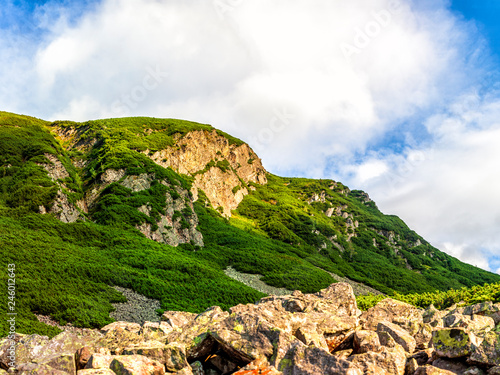 Polish Tatra mountains summer landscape with blue sky and white clouds.
