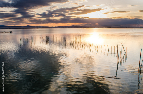 Orange sunset on the lake of the Albufera in Valencia  Spain