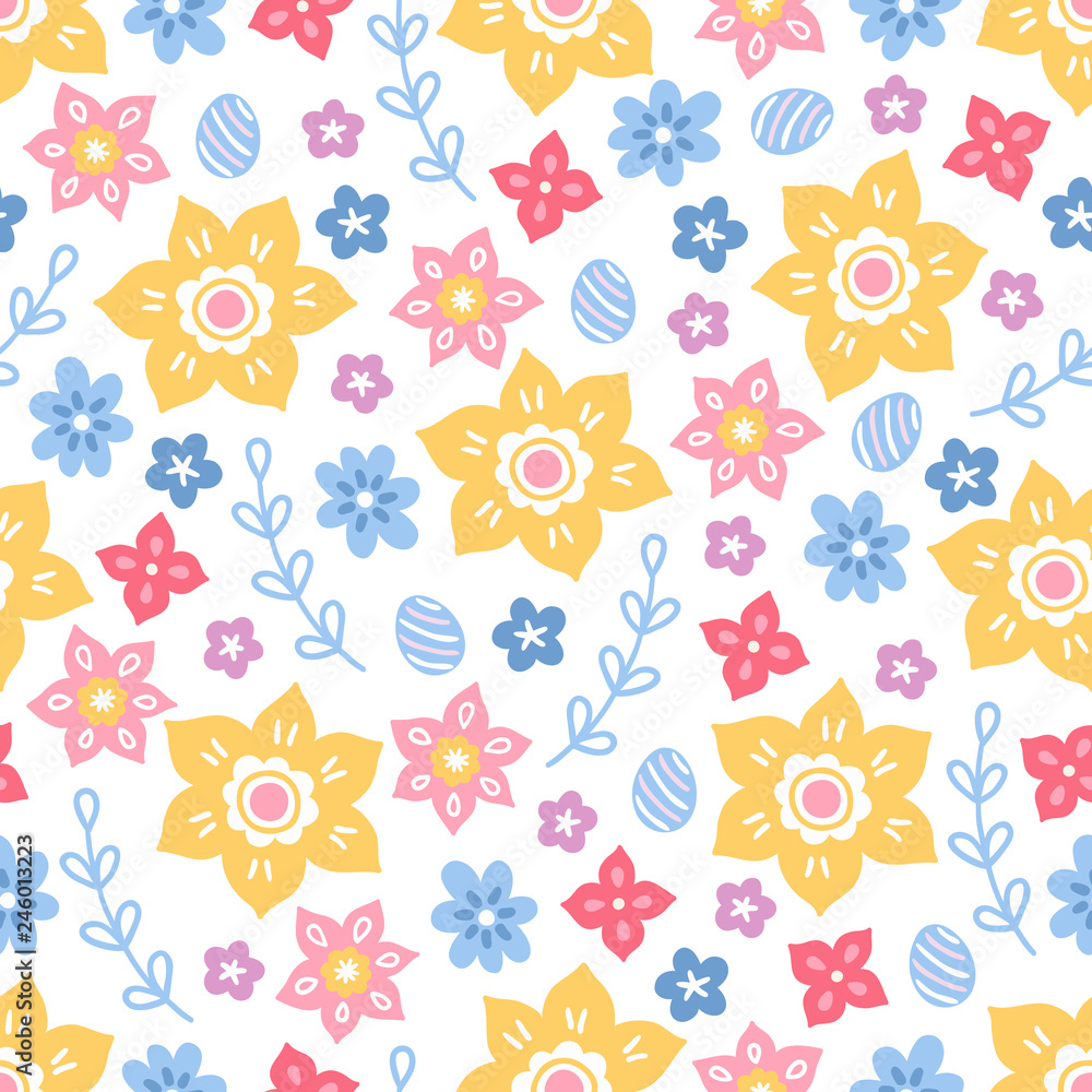 Easter seamless pattern with narcissus, flowers, branches and eggs