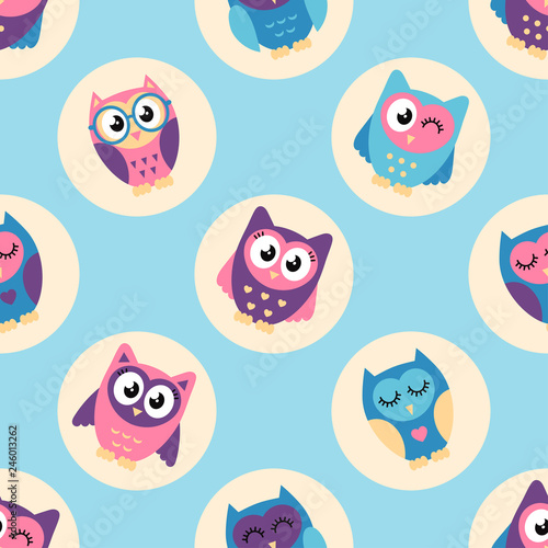 Seamless pattern with cartoon cute colorful owls