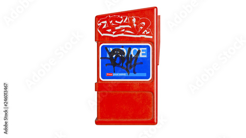 Newspaper box metal red, isolated on white background, side view. 3D rendering