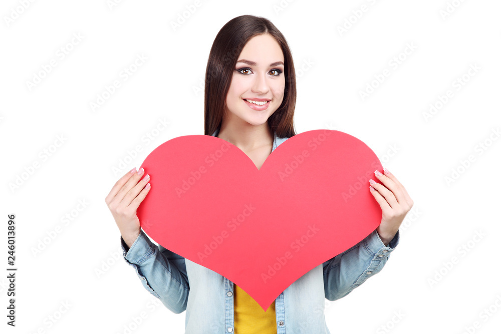 Beautiful woman holding paper heart on white background Beautiful woman holding paper heart on white background