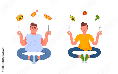 A man with a healthy meal and a man with a junk food. Vector illustration in cartoon style.