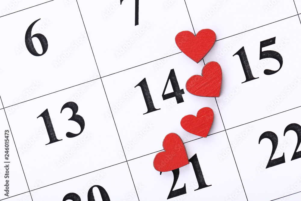 Valentine day calendar with red wooden hearts Valentine day calendar with red wooden hearts