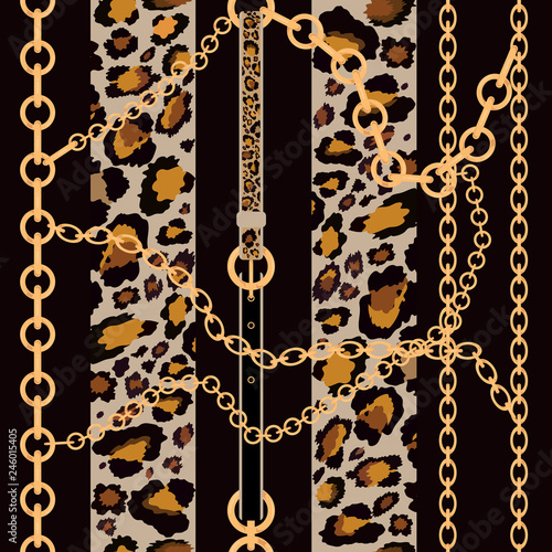 Vector seamless pattern of baroque trend with golden chain and leather belts and leopard print on black background, Vintage patch for scarfs, print and fabric