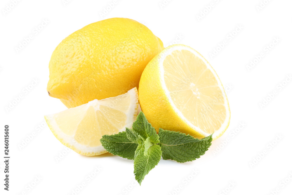 Ripe lemons with mint leafs isolated on white background Ripe lemons with mint leafs isolated on white background