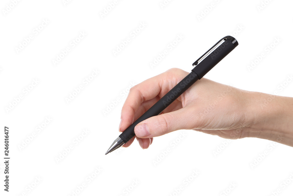Female hand holding pen on white background Female hand holding pen on white background