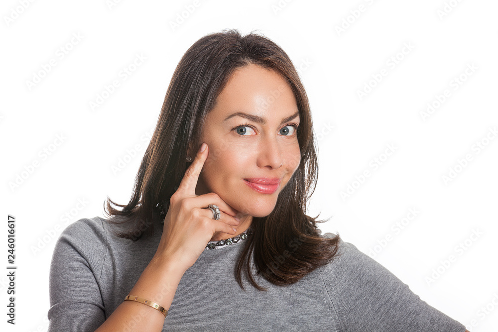 Closeup portrait of a beautiful young woman thinking or having an idea isolated on white background. Closeup portrait of a beautiful young woman thinking or having an idea isolated on white background.