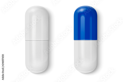 Vector 3d Realistic White and Blue Medical Pill Icon Set Closeup Isolated on White Background. Design template of Pills, Capsules for graphics, Mockup. Medical and Healthcare Concept. Top View