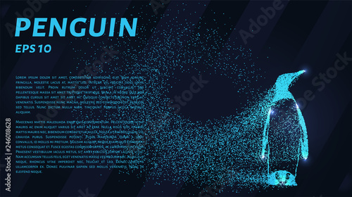 Penguin. A grid of blue stars in the night sky. Glowing dots create the shape of a penguin.