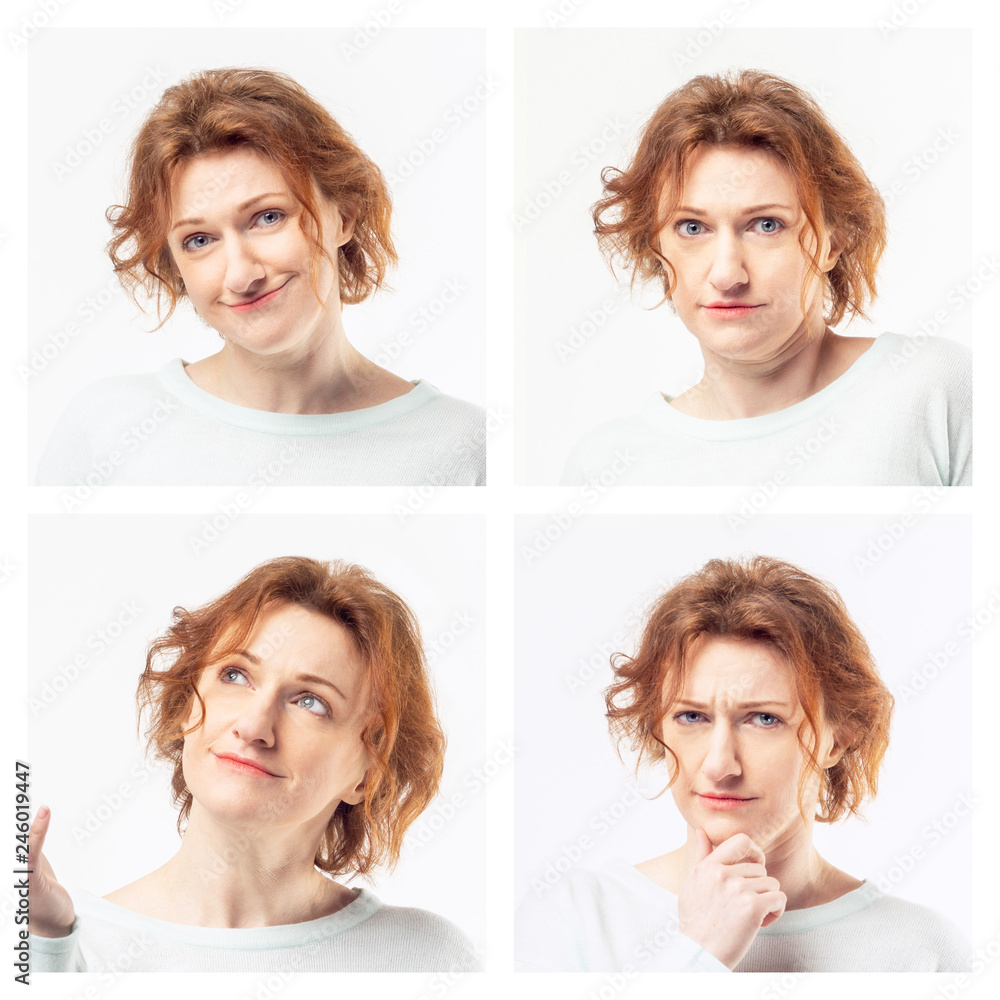 Young casual redhead woman expressing different emotions in collage on white background Young casual redhead woman expressing different emotions in collage on white background