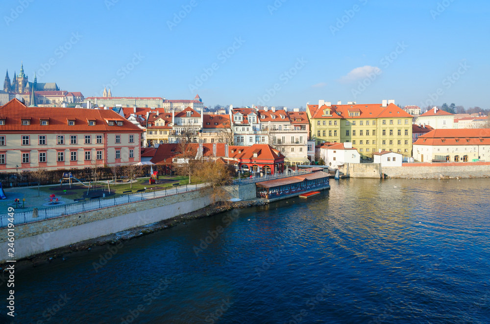 View from Charles Bridge to embankment of Vltava River and Kampa Island, Prague, Czech Republic