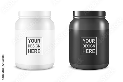 Vector Realistic White and Black Plastic Jar, Can with Lid Set Closeup Isolated on White Background. Design Template of Whey Protein, Sport Powder, Vitamins, BCAA, Pills, Caps for Mockup. Front View