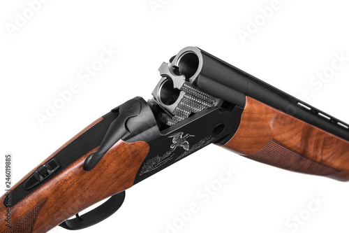 opened classic hunting double barreled shotgun isolated on white