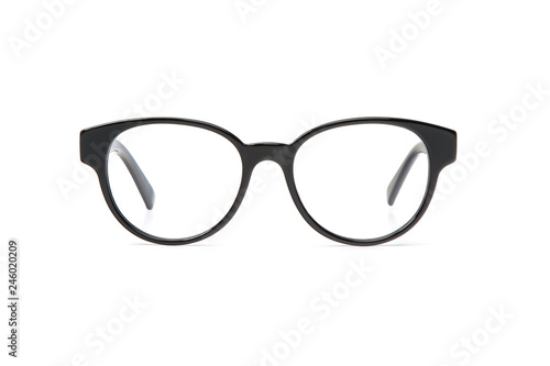 Black eyeglasses in round frame transparent for reading or good vision, front view isolated on white background